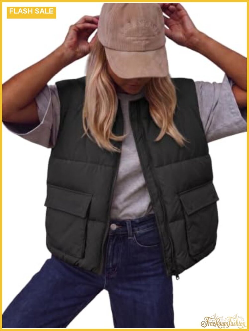 Cropped Quilted Puffer Vest Zip Up Sleeveless Outerwear with Pockets